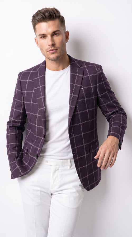 Men's Purple Windowpane Sport Coat β Classic Fit Plaid Blazer Jacket for Business, Wedding & Casual Wear