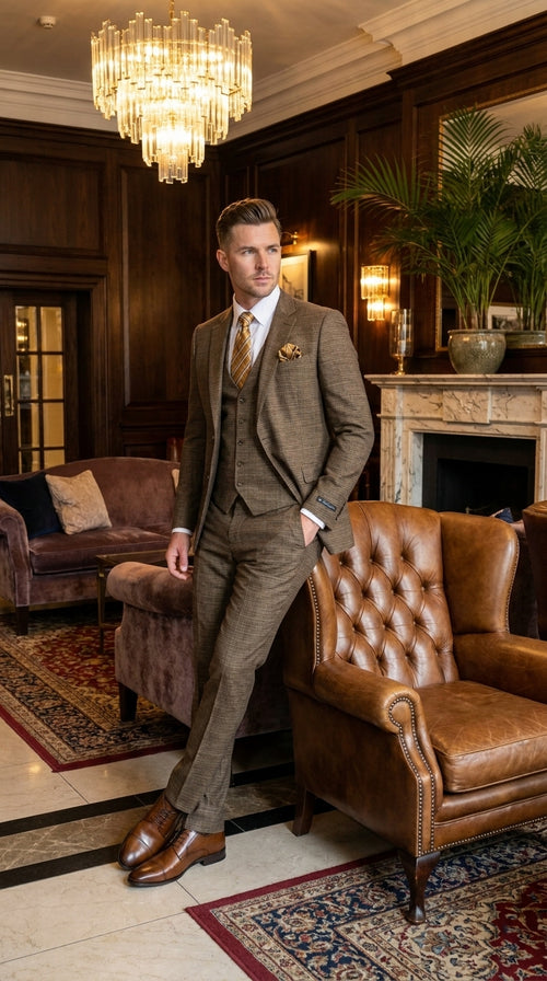 Men's Great Gatsby Brown Checker Plaid Texture 3-Piece Suit β Classic Fit Business, Wedding & Formal Suit Set - Victorian style 1920s