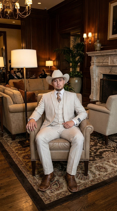 Men’s Sand champaign Western Cowboy 3-Piece Suit – Light Cream Wedding Suit with Vest & Pants Slim Fitted
