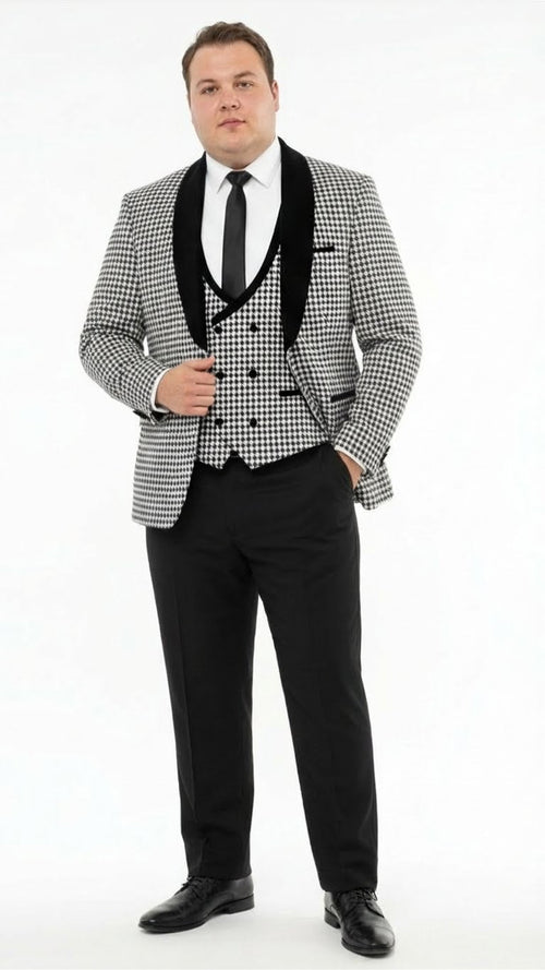 Mens Black and White Houndstooth Tuxedo Set with Velvet Shawl Lapel | 3-Piece Formal Suit with Double-Breasted Vest
