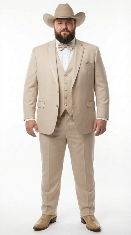 Mens Beige Tan Khaki CowboyTuxedo Suit Western Formal Three Piece Suit with Jacket Vest and Pants