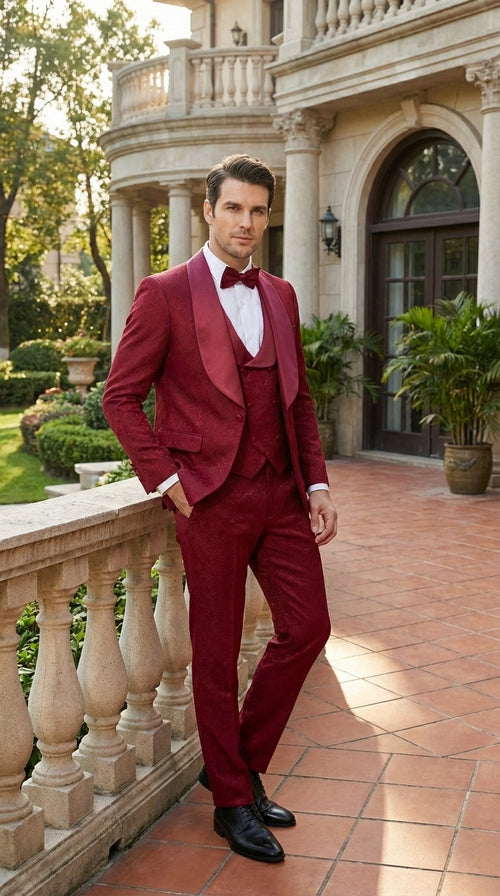 Mens Burgundy Wedding Tuxedo Suit β Paisley Three Piece Formal Suit Set with Shawl Lapel for Groom, Prom