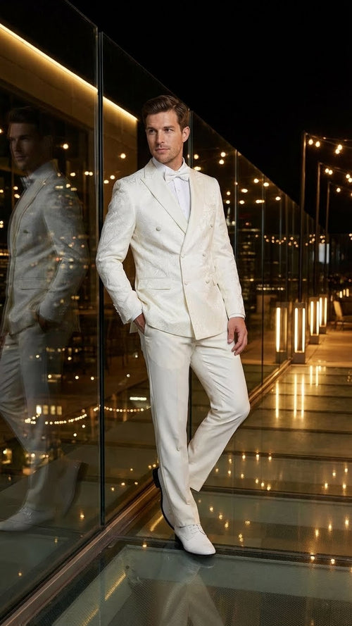 Mens Ivory Double Breasted Tuxedo Dinner Jacket Textured Blazer Paisley Texture Pattern in Off White Cream Color + Bowtie