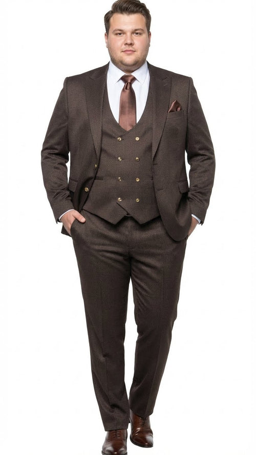 Mens Chocolate Brown Textured 3-Piece Suit Luxury Double-Breasted Vest Formal Set