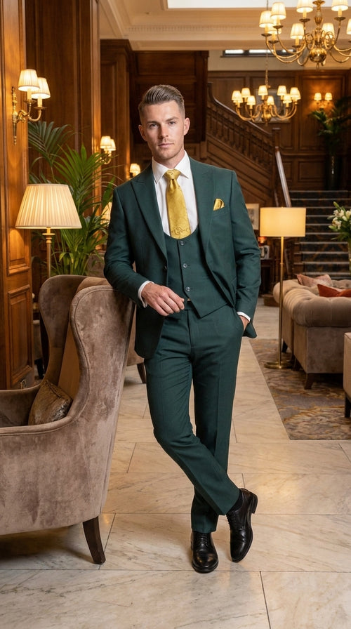 Mens Vitali 3 Piece Suit W/Scoop Vest Hunter Green 3-Piece Suit –, Big Peak Lapel Vest and Pants Modern Fit Two Buttons