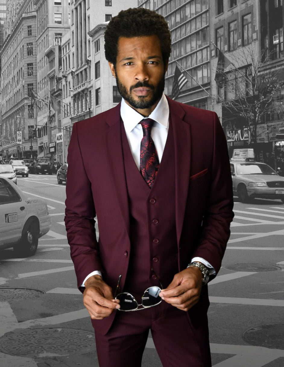 Mens 2 Button Skinny Vested Wool Suit in Burgundy - 36 Short