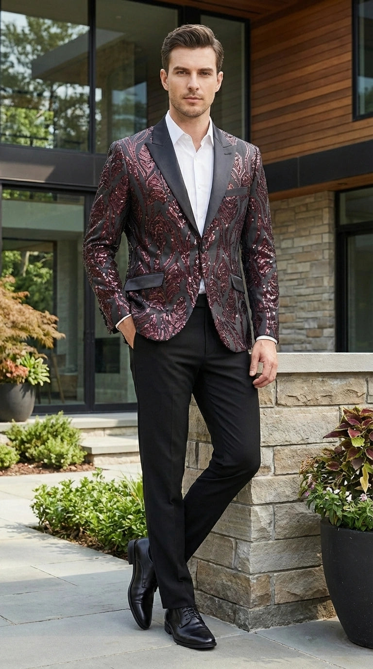 Menโs Black and Burgundy Sequin Blazer โ Black Sparkle Sequin Party Blazer with Burgundy Pattern for Prom, Wedding Slim Fitted
