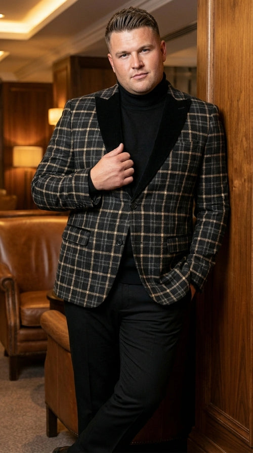 Mens Tartan Black and Gold Check Blazer – Windowpane Plaid Sport Coat Velvet Lapel Formal Party Jacket Chirsitmas New Year Holiday Jacket
