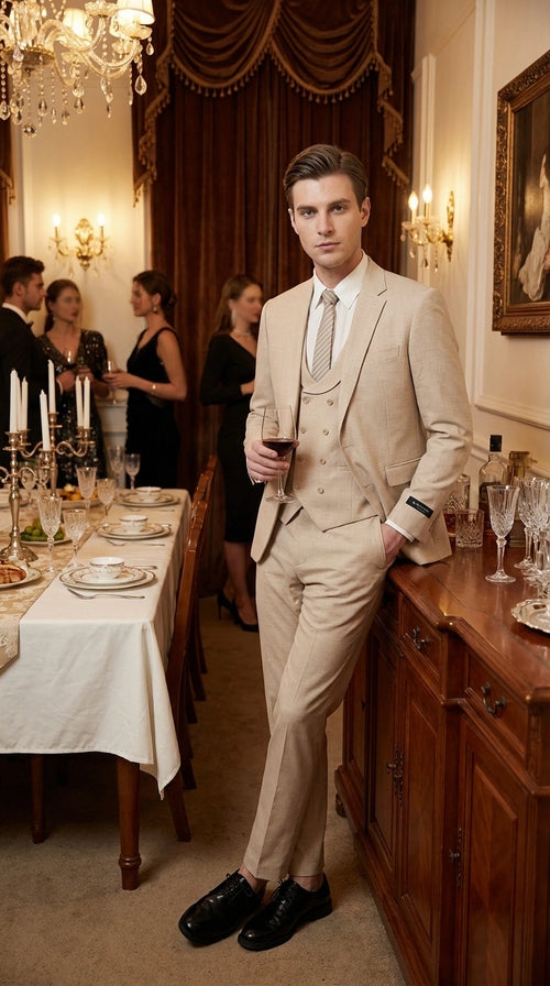 Mens Sand Beige 3 Piece Suit – Double breasted Vest Formal Suit Set and Dress Pants in Champaign Natural Summer Color
