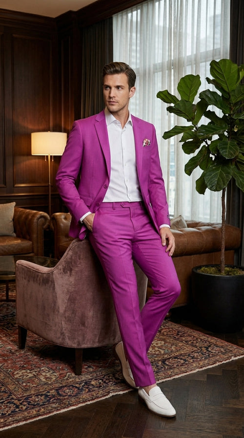 Mens Fuchsia 2 Piece Suit – Bright Pink Formal Suit for Men Stylish Wedding Party Prom Suit Magento Color