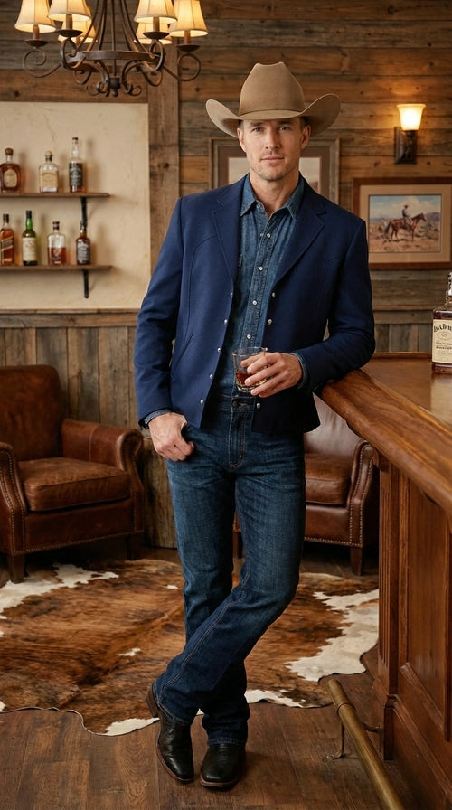 Mens Navy Blue Western Blazer Set Cowboy Style Jacket and Pants Outfit Classic Country Western Ensemble