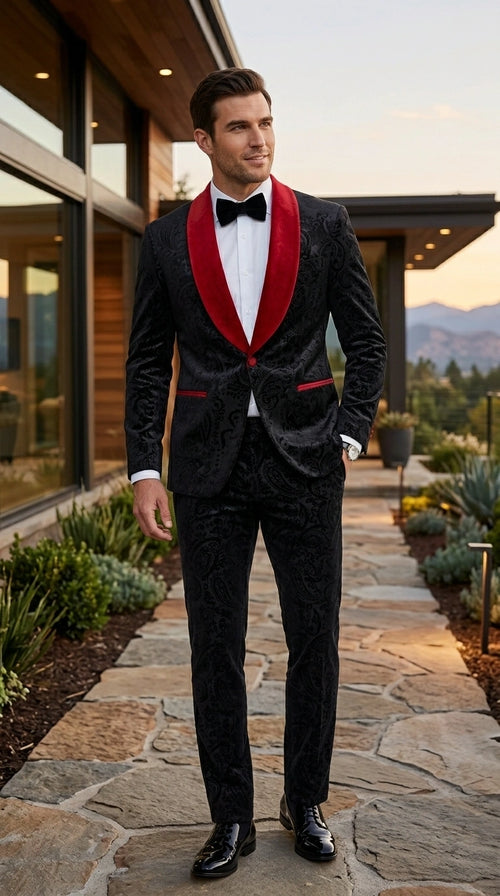 Men’s Black Paisley 2 Piece Suit with Red Shawl Lapel, Formal Wedding Prom Party Suit Set