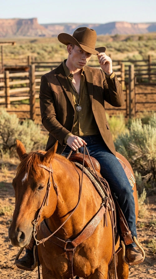 Men’s Dark Brown Western Blazer with Suede Yokes, Cowboy Sport Coat for Ranch Wedding and Country Events