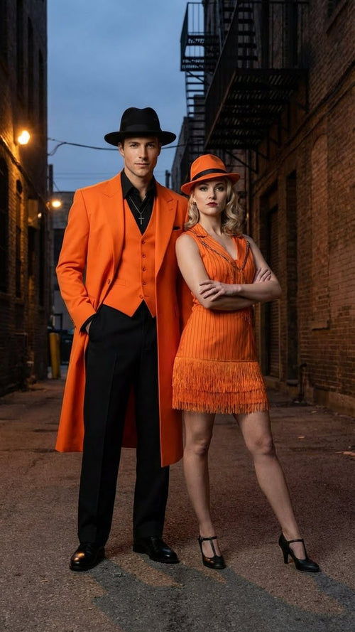 Mens halloween Costume Orange Long Zoot Suit Set With Black Shirt and Black Pants included