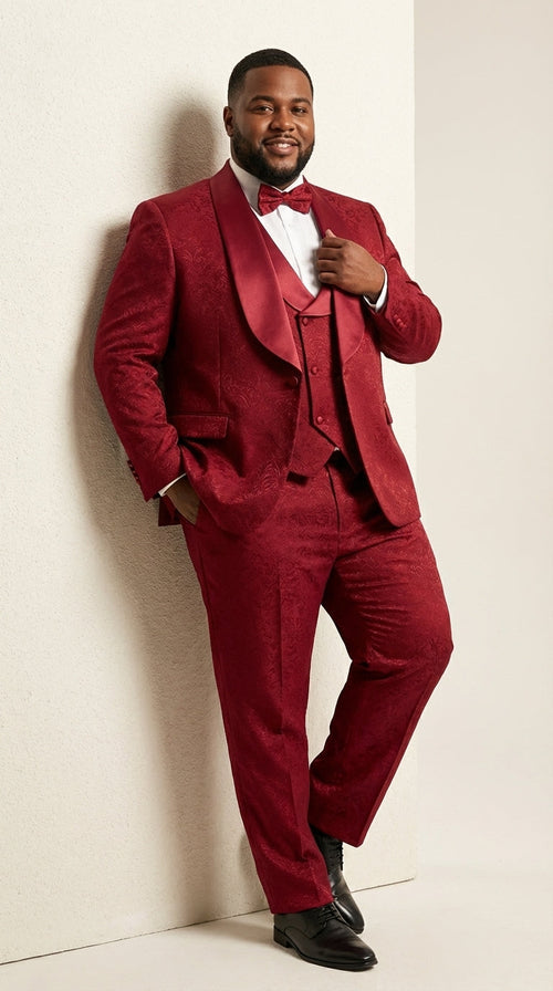 Mens Burgundy Wedding Tuxedo Suit β Paisley Three Piece Formal Suit Set with Shawl Lapel for Groom, Prom