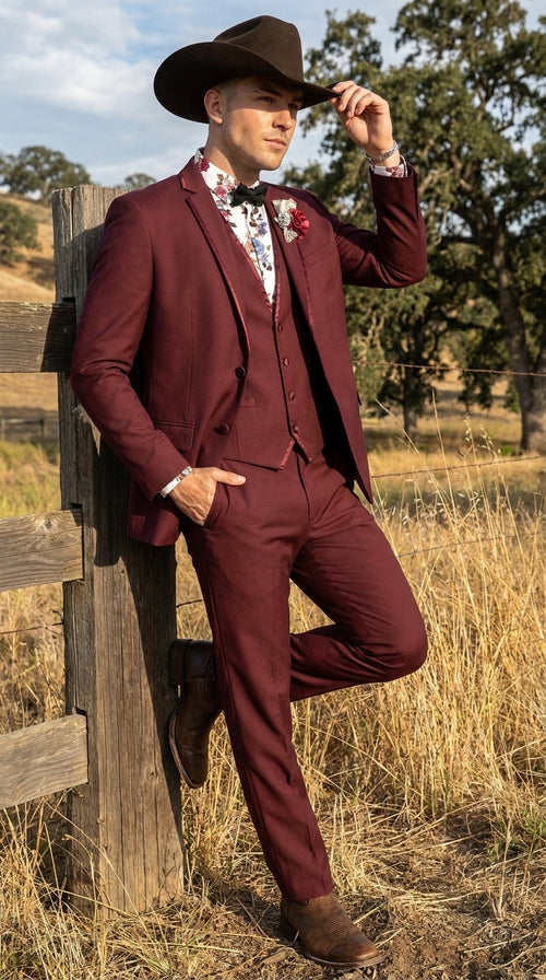 Men’s Burgundy Western Tuxedo Suit, 3 Piece Cowboy Formal Wedding Prom Suit with Satin Trim
