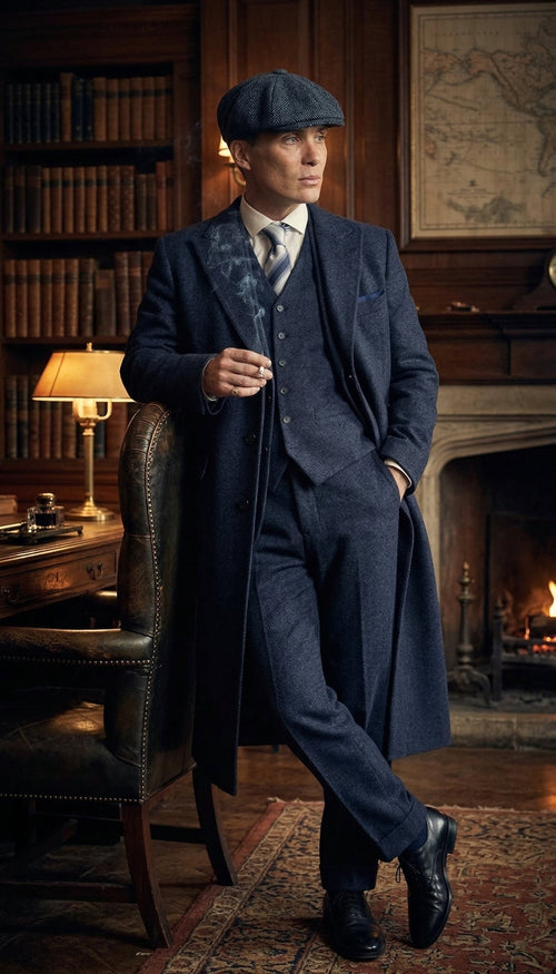 Men’s Navy Blue Herringbone Tweed 1920s 3 Piece Suit with Overcoat – Vintage Peaky Blinder Style Formal Suit Set with Blazer, Waistcoat + Overcoat + Hat
