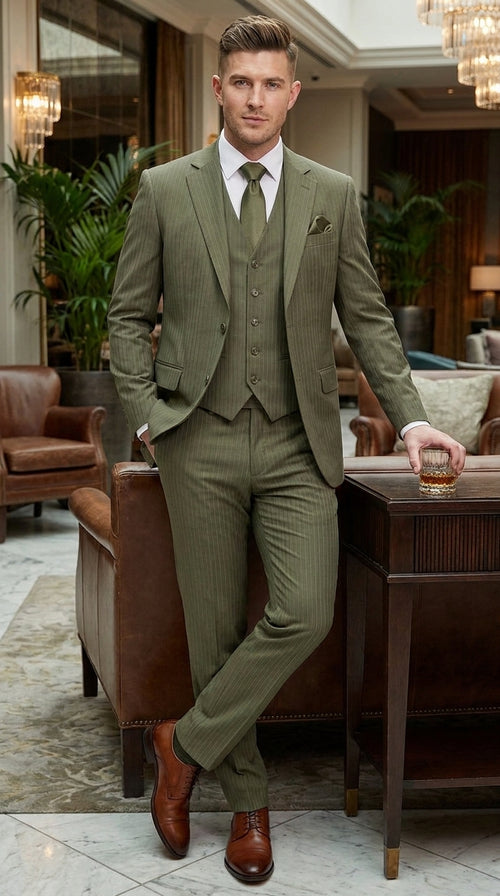 Men’s Olive Green Tone-on-Tone Shadow Pinstripe 3 Piece Suit – Modern Formal Suit with Vest Shadow Stripe