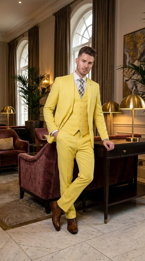 Men’s Neon Yellow Wool Suit – Bright Yellow 3-Piece Wedding, Prom & Formal Suit with Vest By Statement