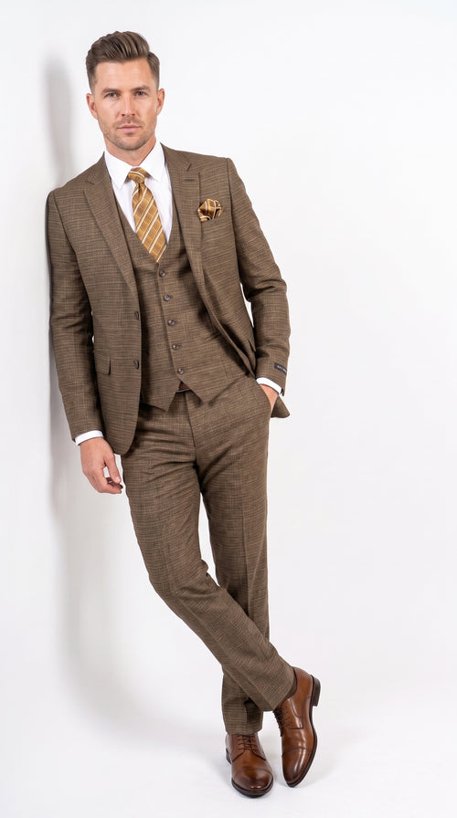 Men's Great Gatsby Brown Checker Plaid Texture 3-Piece Suit β Classic Fit Business, Wedding & Formal Suit Set - Victorian style 1920s