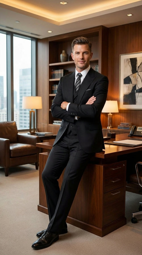 Tiglio Mens Black 3 Piece Suit β Single Button Classic Fit Pleated Wide Leg Pants Formal Business Chruch Suit - 100% Wool