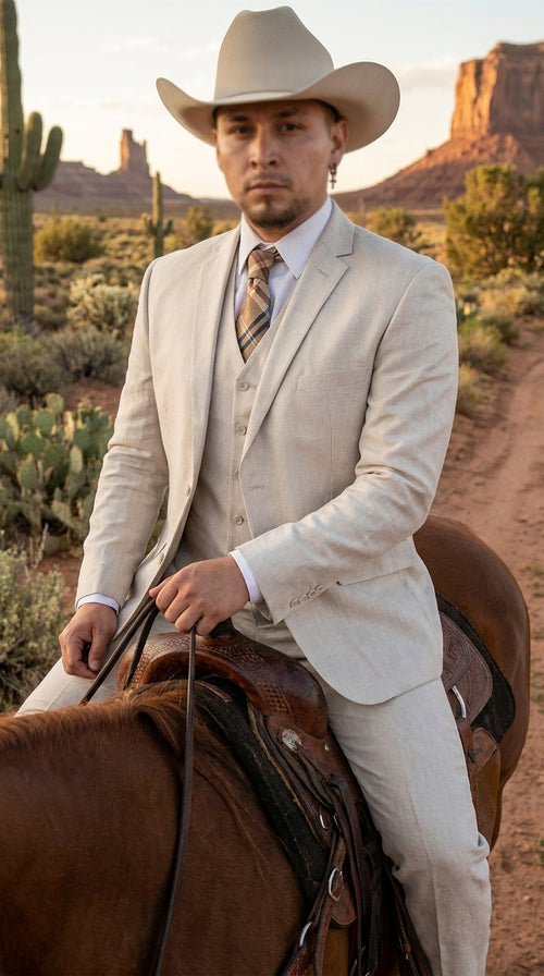 Men’s Sand champaign Western Cowboy 3-Piece Suit – Light Cream Wedding Suit with Vest & Pants Slim Fitted