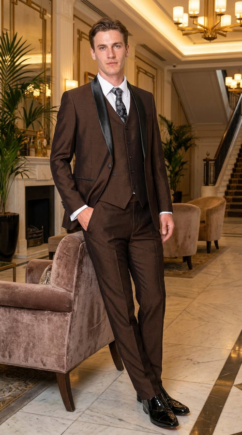 Men’s Chocolate Brown 3-Piece Tuxedo Suit with Black Satin Shawl Lapel – Shawl Collar Vested