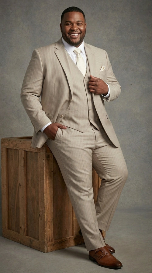 Men’s Tan Pinstripe Three Piece Suit – Classic Fit Pleated Pants Tan Sand Beige Wedding, Church Shadow Ton on Tone Business Suit for Men