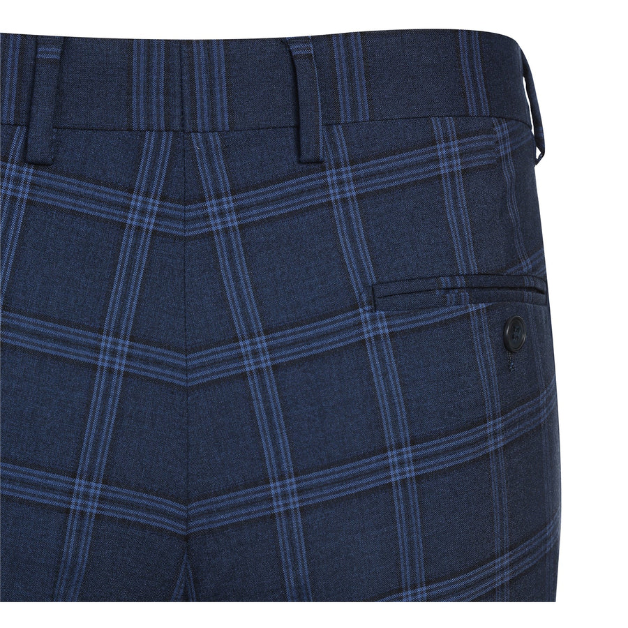 "Dark Navy Slim Fit Men's Suit - Two Button Stretch, Wide Windowpane Plaid"
