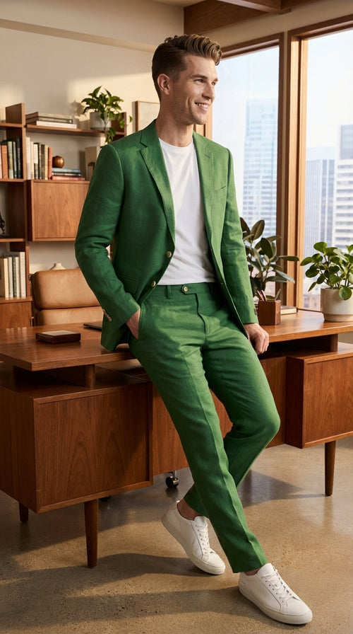 Men’s Emerald Green Suit Set – Lightweight Summer Blazer and Pants, Casual Formal Summer Suit, Breathable Wedding Party Outfit
