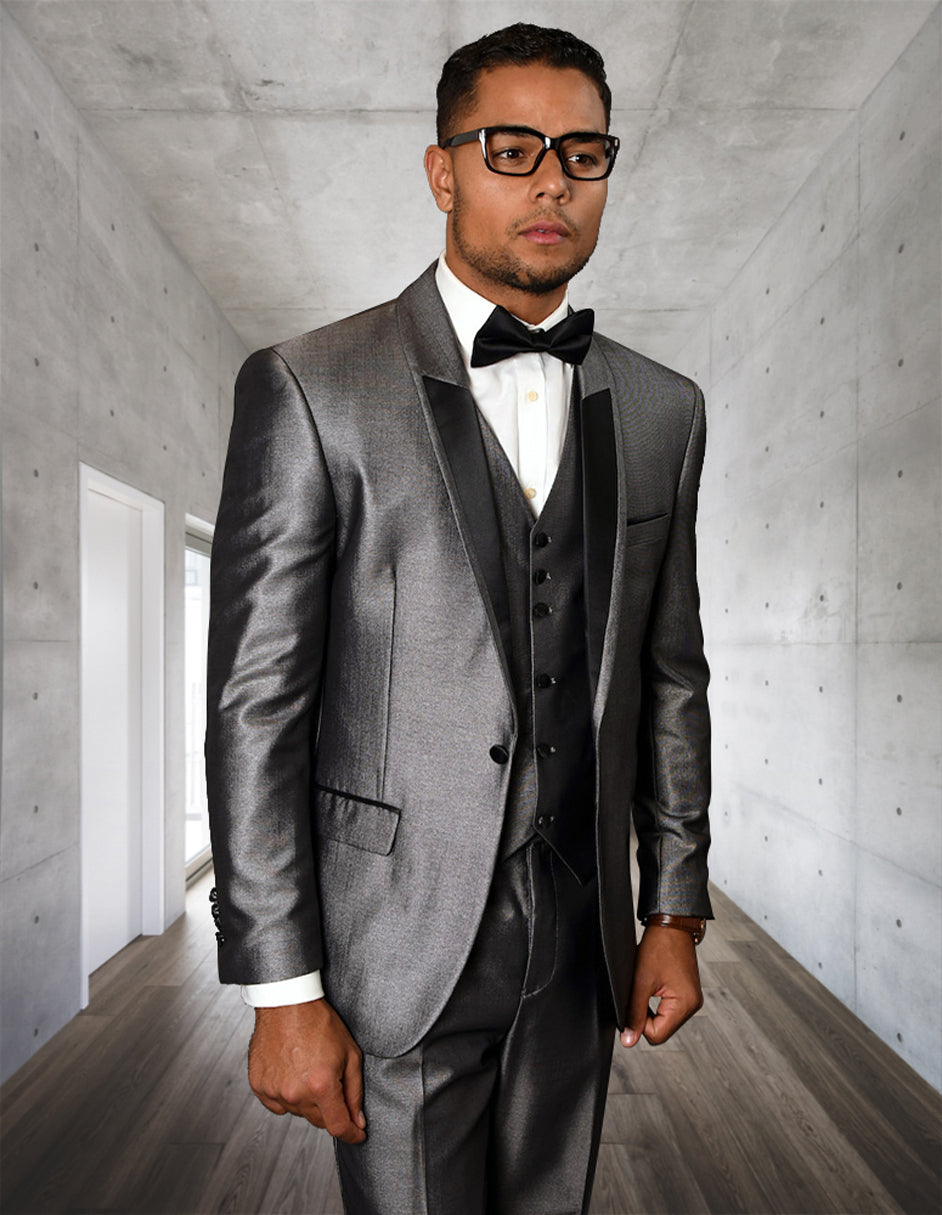 Mens 2 Button Vested Half Shawl Tuxedo in Silver Sharkskin - 38 Short