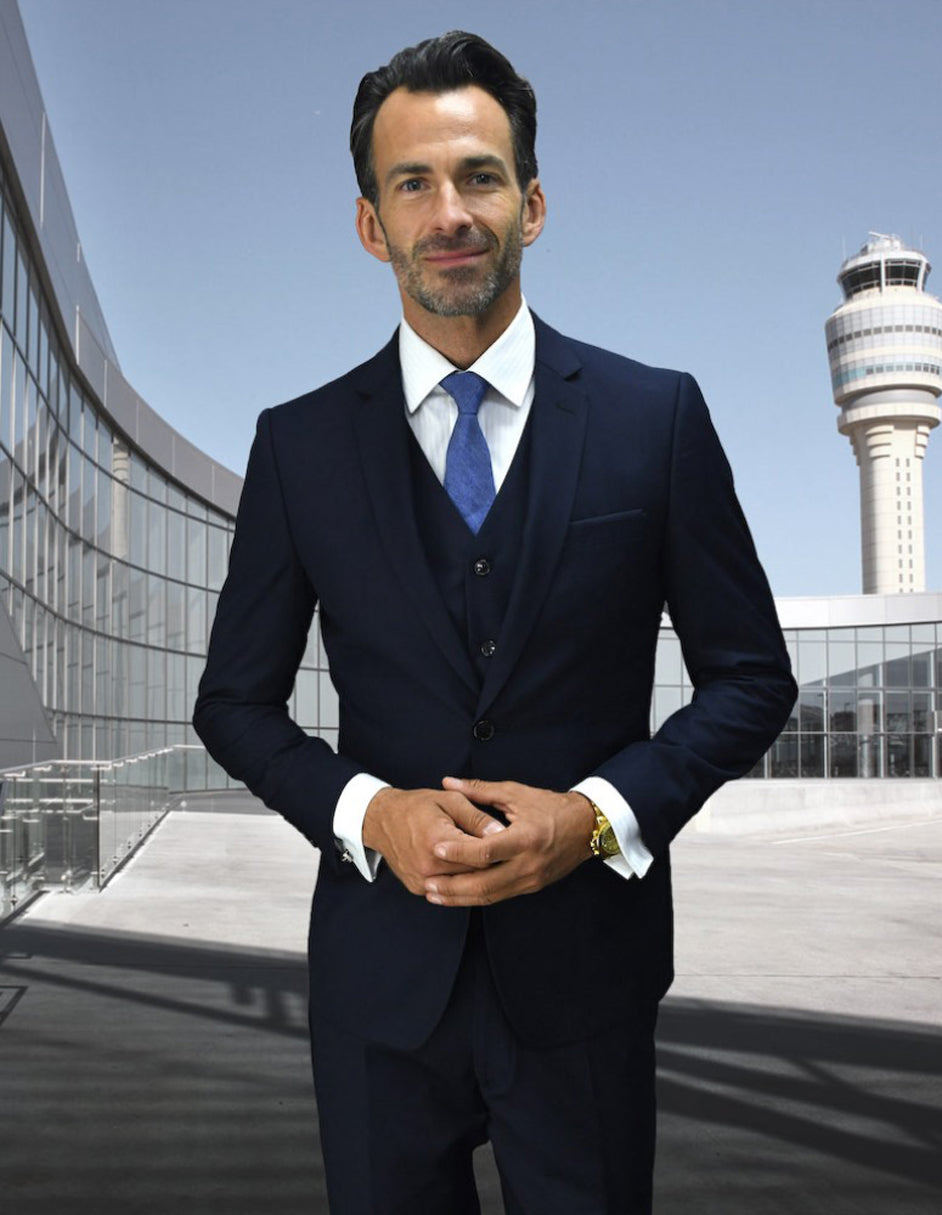 Mens 2 Button Skinny Vested Wool Suit in Navy Blue - 36 Short