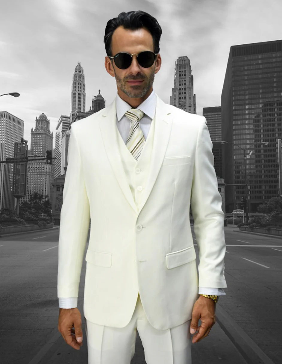100 Percent Wool Suit - Mens Wool Business Ivory Suits - 38 Short Jacket+32 Waist Adjustable 28to34)(Height: 5 4 to5 7 )(Neck 15-16.5)S-M)