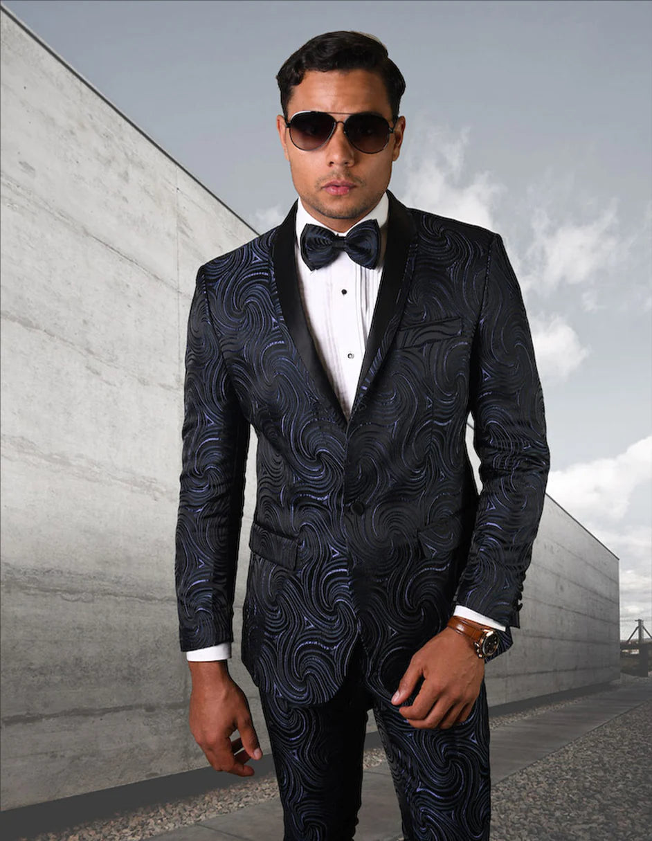 Mens Navy Blue Wedding Tuxedo - Dark Blue Tuxedo Suit" Mens Slim Fit Geometric Swirl Print Shawl Tuxedo in Navy