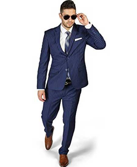 Men's 2 Button Slim Fit Stripe ~ Skinny Style Pinstripe Flat Front Pants Dark Navy Blue Suit For Men Cheap Priced Business Suits Clearance Sale - L or Large