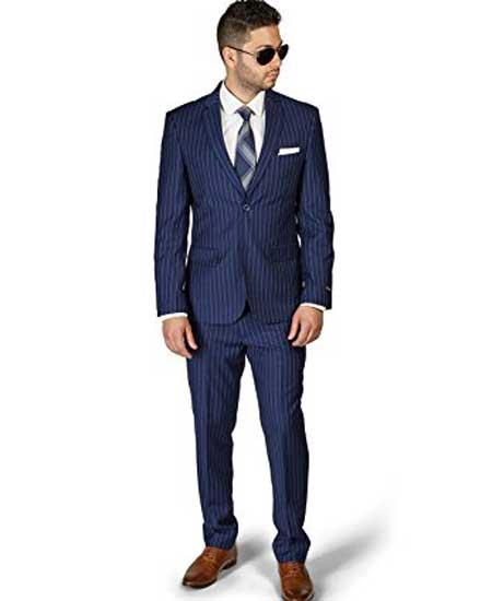 Men's 2 Button Slim Fit Stripe ~ Skinny Style Pinstripe Flat Front Pants Dark Navy Blue Suit For Men Cheap Priced Business Suits Clearance Sale - L or Large