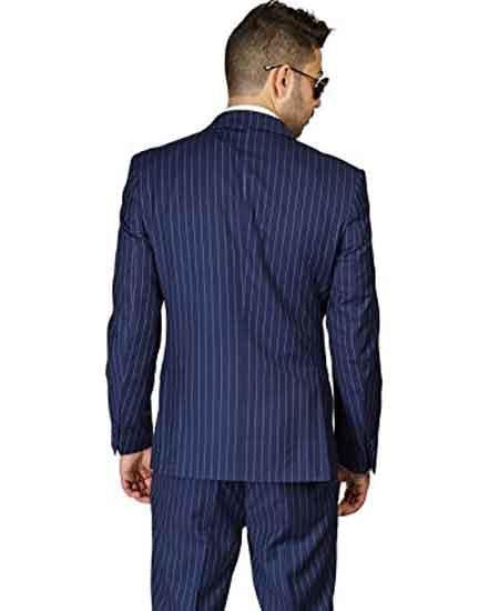 Men's 2 Button Slim Fit Stripe ~ Skinny Style Pinstripe Flat Front Pants Dark Navy Blue Suit For Men Cheap Priced Business Suits Clearance Sale - L or Large
