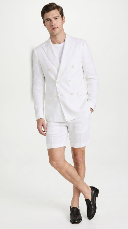 Men’s White Summer Suit with Shorts, 2 Piece Linen Style Wedding Beach Short Suit Set double breasted style