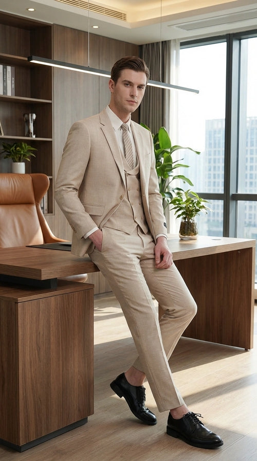 Mens Sand Beige 3 Piece Suit – Double breasted Vest Formal Suit Set and Dress Pants in Champaign Natural Summer Color