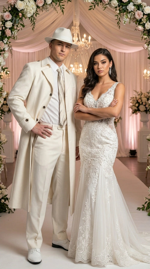 Men’s Ivory Cream Off White Full Length Zoot Suit – Vintage Gangster Style Long Coat Formal Suit