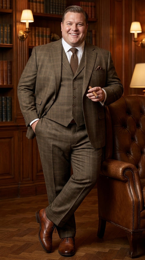Men’s 1930s Brown Plaid 3 Piece Suit, Vintage Formal Wedding Business Dress Suit Set