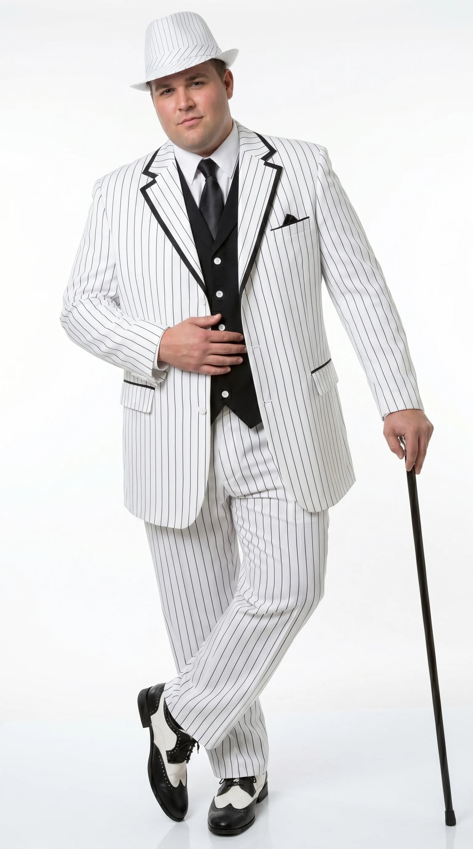 Men’s White Pinstripe 1920s Gangster 3 Piece Suit, Black Contrast Formal Costume Suit for Parties, Prom, Weddings, and Theme Events