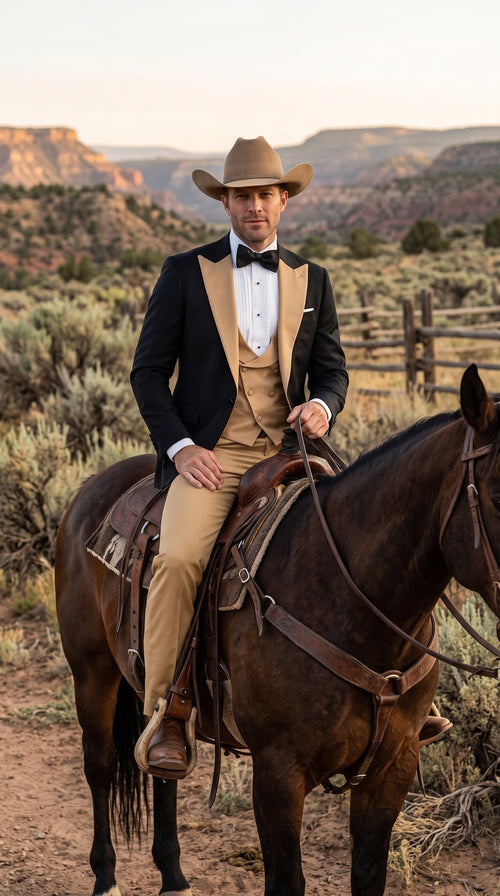Men's Western Khaki Cowboy Tuxedo Suit – Black & Tan Beige Peak Lapel 3-Piece Vested Formal Cowboy Suit