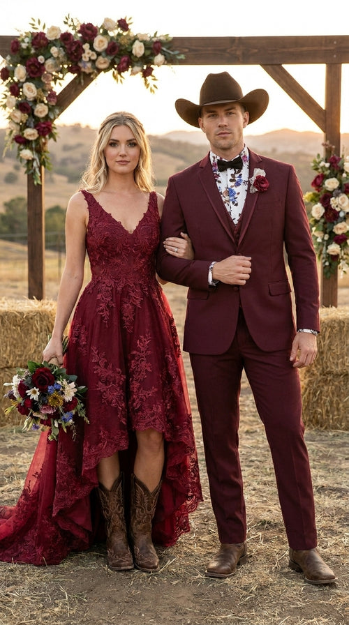 Men’s Burgundy Western Tuxedo Suit, 3 Piece Cowboy Formal Wedding Prom Suit with Satin Trim
