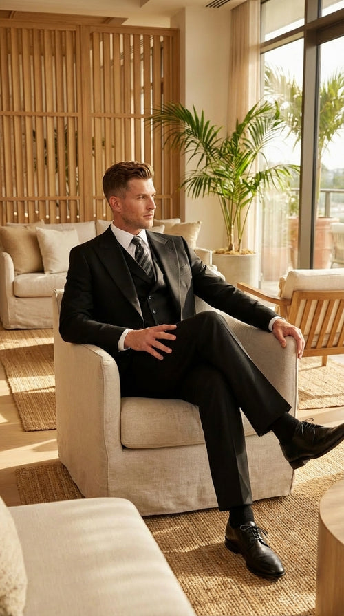 Tiglio Mens Black 3 Piece Suit β Single Button Classic Fit Pleated Wide Leg Pants Formal Business Chruch Suit - 100% Wool
