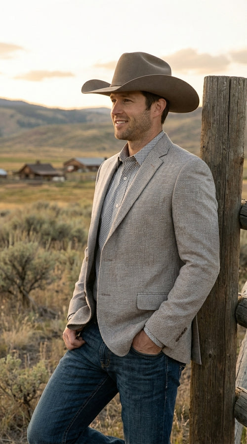 Mens Textured Light Grey Western Blazer – Cowboy Style Casual Sport Coat for Men Classic Western Jacket