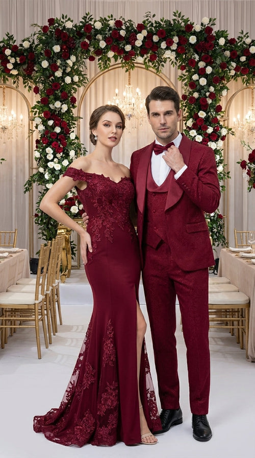Mens Burgundy Wedding Tuxedo Suit β Paisley Three Piece Formal Suit Set with Shawl Lapel for Groom, Prom