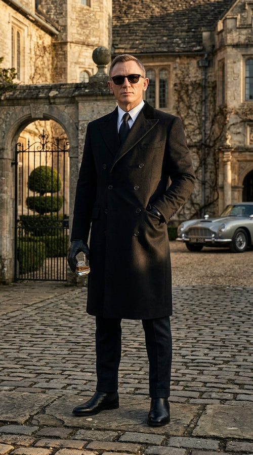 Men’s Black Double Breasted Overcoat, James Bond Inspired Long Formal Coat for Weddings, Business Events, Parties, and Winter Occasions