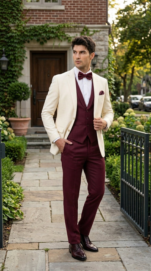 Men’s Cream Ivory and Burgundy 3 Piece Tuxedo Suit, Vested Formal Wedding Prom Dinner Suit in Cream Off White Color