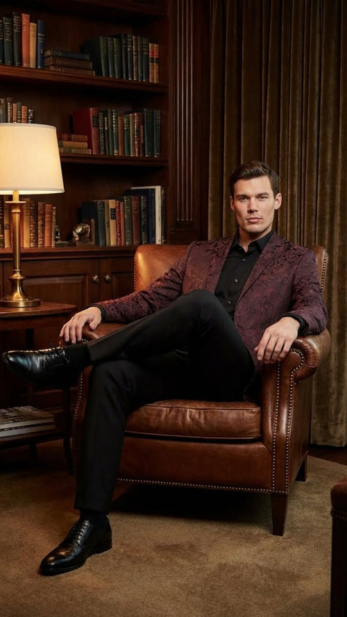 Mens Burgundy Paisley Blazer Sport Coat Velvet Dinner Jacket floral in Maroon Wine Color Ultra Slim Fit Smoking Jacket